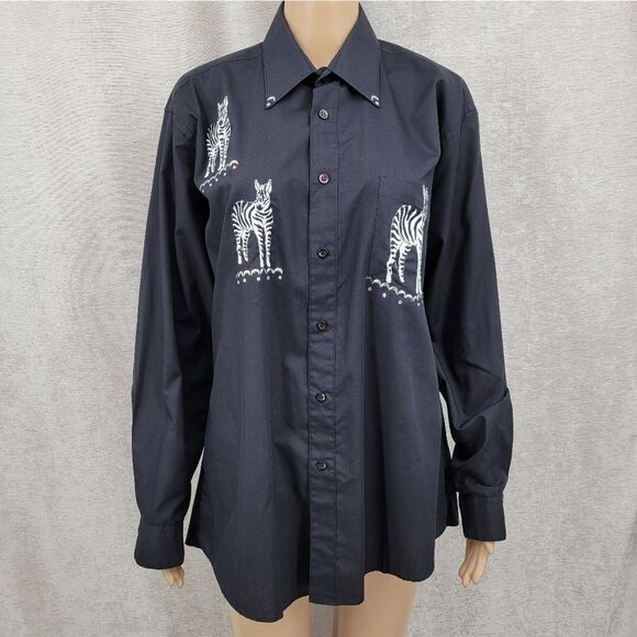 Mili Designs Black Button Down Top Zebras Safari Vintage Women's Shirt Poplin - Picture 1 of 13